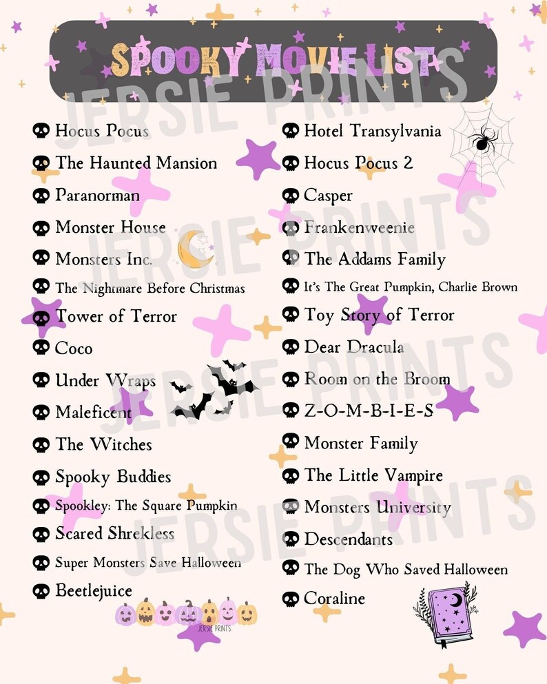 Spooky Movie List / Halloween Movie Printable List / Family Movie Night ...