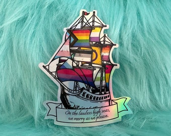 LGBTQ+ Sticker | Pirate Ship Made Up Of LGBTQ+ Flags | Holographic Sticker | Pride Vinyl Sticker | Pride Flags | Laptop Decor| Queer Gift