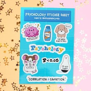 May include: A blue sticker sheet with psychology-themed illustrations and text. The sheet includes stickers of a brain, a dog, a mouse, and other graphics. The text includes "Psychology," "Correlation &ne; Causation," and other phrases.