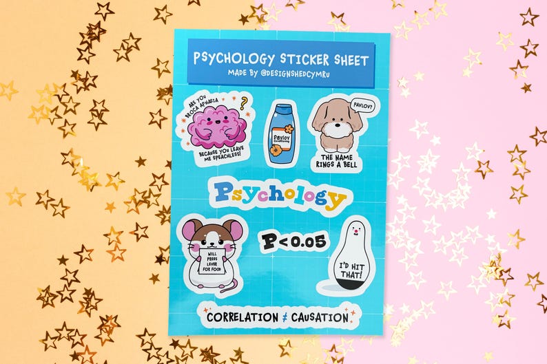 May include: A blue sticker sheet with psychology-themed illustrations and text. The sheet includes stickers of a brain, a dog, a mouse, and other graphics. The text includes "Psychology," "Correlation &ne; Causation," and other phrases.