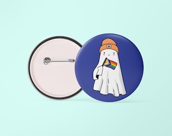 Pride Ghost Badge | LGBTQ+ Badge | Pride Badge | Progress Pride Flag | Gay | Halloween | Spooky Badge | 38mm Badge