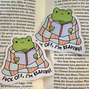 Op de afbeelding: Twee gestanste stickers met een groene kikker met een glimlachend gezicht, gewikkeld in een lichtblauwe en oranje geruite deken terwijl deze een open boek vasthoudt. De tekst "FUCK OFF, I'M READING!" staat in dikke zwarte hoofdletters onderaan.