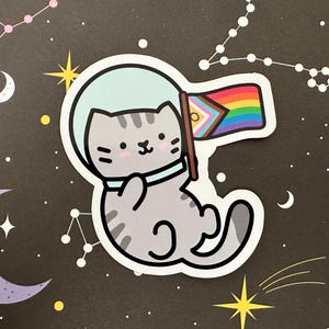 Pride Cat In Space Sticker | LGBT+ Sticker | Pride Sticker | Vinyl Sticker | Progress Pride Flag | Cat Sticker | Laptop Decal