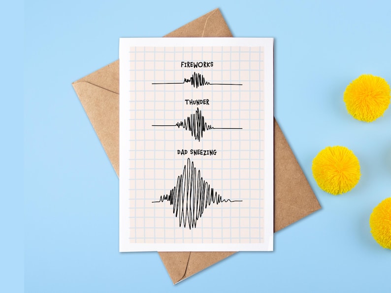 May include: A humorous greeting card with a white background and black grid lines. The card features a sound wave graphic comparing the sound of fireworks, thunder, and a dad sneezing. The text reads "Fireworks", "Thunder", and "Dad Sneezing".