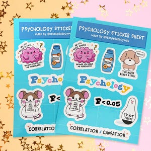 May include: Two psychology sticker sheets with various cartoon illustrations, including a brain, a bottle, a dog, a mouse, and a bowling pin. The stickers have text like "Psycho" and "Correlation &ne; Causation". The background is decorated with gold stars.