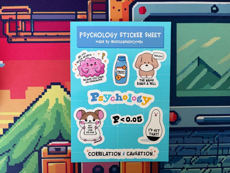 May include: A blue sticker sheet with psychology-themed stickers. The sheet includes stickers with a pink brain, a bottle labeled "Pavlov", a dog, a mouse, and a ghost. Text includes "Psychology" and "Correlation &ne; Causation."