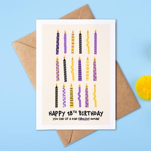 May include: A birthday card featuring a colourful design of 18 candles. The card reads "Happy 18th Birthday You one of a kind fabulous human!"