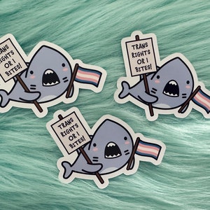 Puede incluir: Tres pegatinas id&eacute;nticas que muestran un tibur&oacute;n gris de dibujos animados con el vientre blanco. El tibur&oacute;n sostiene un cartel que dice "TRANS RIGHTS OR I BITES!" y una peque&ntilde;a bandera con rayas horizontales de color azul claro, rosa y blanco.