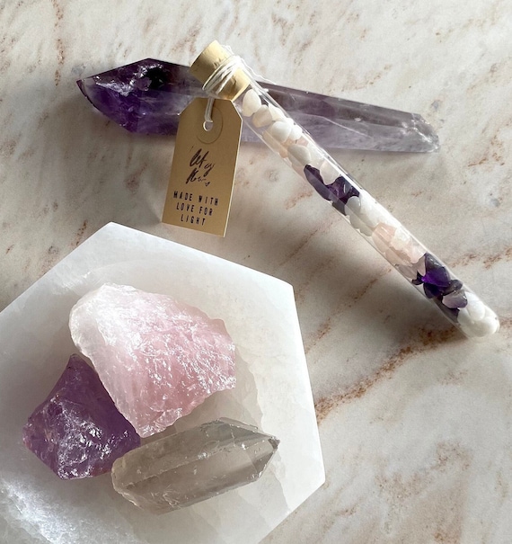 Raw Crystal Water Set: Amethyst, Rose Quartz, Clear Quartz