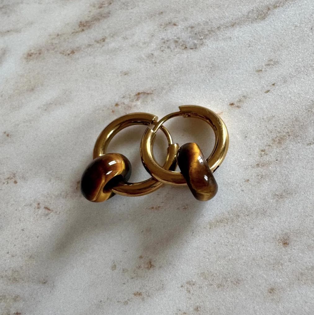 14k Tiger's Eye Creoles - Hoop Earrings 14k Gold Plated - 3mm Round Creole Plain Polished Tubes - with Gift Sachet