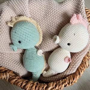 Seahorse amigurumi self-crocheted 100% cotton handmade gift birth photo shoot baby cuddly toy stuffed toy baptism crochet toy