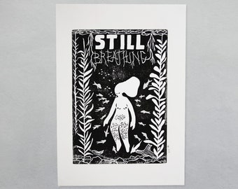 Linogravure « STILL Breathing » | tirage imprimé à la main, A4 noir et blanc