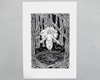 Linogravure « ASCENDANTE » | tirage imprimé à la main, A4 noir et blanc/couleurs
