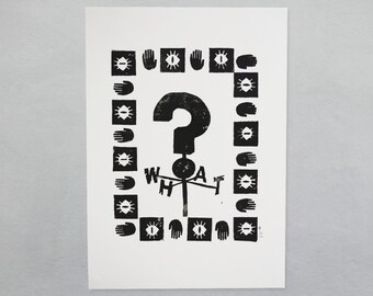 Linogravure « QUOI » | Chutes gravitationnelles | tirage imprimé à la main, A4 noir et blanc/couleurs