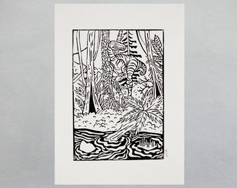 Linogravure "Dinosaure dans la jungle du Jurassique" | tirage imprimé à la main, A4 noir et blanc/couleurs
