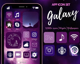 May include: A purple and white galaxy themed app icon set with over 2,000 icons, widgets, and wallpapers. The icons include popular apps like Instagram, Etsy, Starbucks, and more.