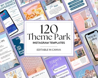 May include: A collage of 120 Instagram templates for theme parks, featuring images of rides, attractions, and park maps. The templates are editable in Canva and are perfect for promoting your theme park business.