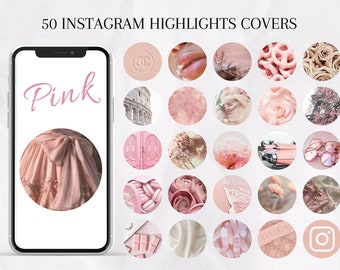 May include: 50 pink Instagram highlight covers with various designs, including a pink dress, a pink door, a pink rose, a pink cupcake, and a pink bow. The covers are arranged in a grid pattern.