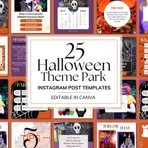 Może przedstawiać: Zestaw 25 szablonów postów na Instagramie do parku rozrywki o tematyce Halloween. Szablony można edytować w Canva i zawierają różne obrazy i teksty związane z Halloween, w tym kalendarz, harmonogram, listę tego, co jest wliczone w cenę, wskazówki dotyczące imprez i ciekawostkę o pierwszej imprezie Halloween Mickey's Not So Scary.