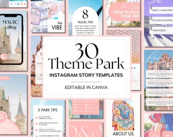 May include: A collage of 30 Instagram story templates for theme parks, featuring images of rollercoasters, fireworks, and park attractions. The text "30 Theme Park Instagram Story Templates Editable in Canva" is displayed in a pink and white box.