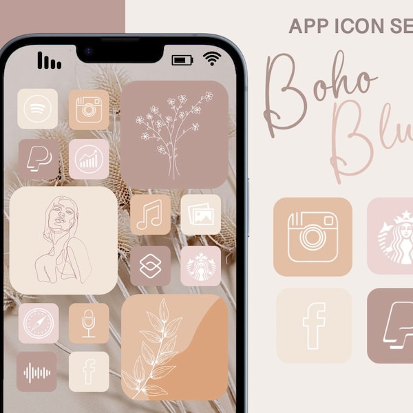 Icon Set "Boho Blush", 200+ Icons with Bonus Wallpapers and Widgets, 200+ icons in 4 colors, Purple, Pink, Beige Widgets, iOS App Icon Set