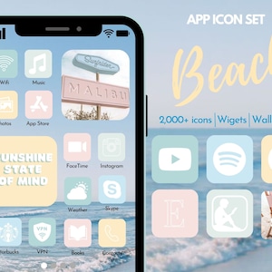 May include: A set of app icons with a beach theme. The icons are in a grid pattern and feature a variety of colors, including blue, yellow, pink, and green. The icons are designed to look like the apps they represent, such as Instagram, Spotify, and YouTube. The text "Beach" is written in a large, cursive font at the top of the image. The text "2,000+ icons | Widgets | Wallpapers" is written below the word "Beach".