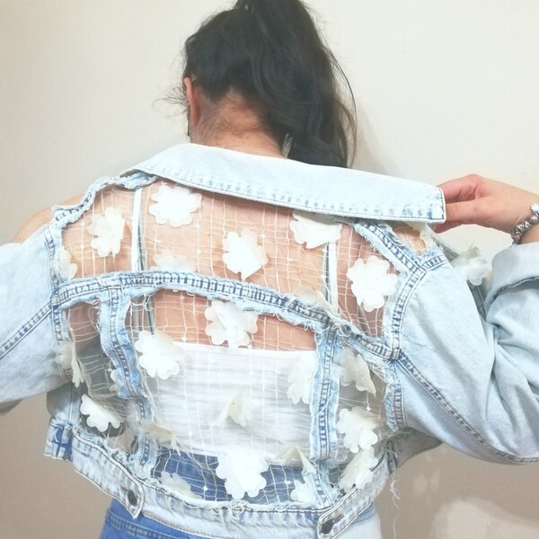 Veste en jean recyclée en dentelle 3D transparente, veste en jean en dentelle, veste en jean pour mariage