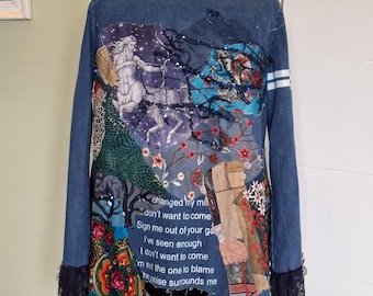 Custom Patchwork Denim Jacket – Upcycled Boho Chic Jean Jacket with Lace Details