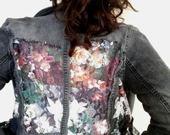 ジャケット・アウター PATCHWORK EMBROIDERY LACE JACKET Summer Streetwear Embroidery Lace Patchwork Sexy Denim