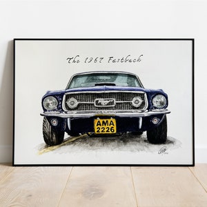 1967 Ford Mustang GT Framed Poster Watercolor Painting