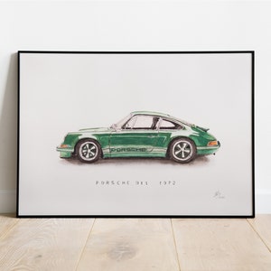 Porsche 911 1972 Watercolor Vintage Framed Poster