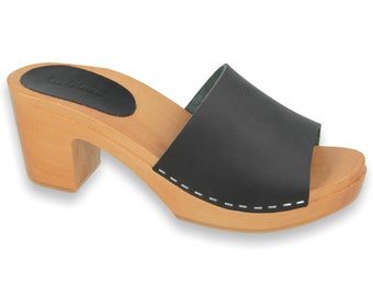 NEGRI Klogga high heel wooden clogs Handmade Swedish Design for Women black open toe