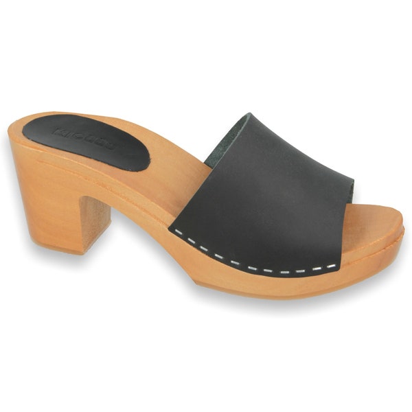 NEGRI Klogga high heel wooden clogs Handmade Swedish Design for Women black open toe