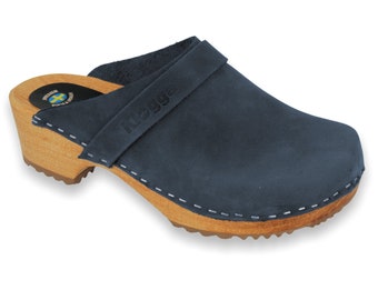 Sabots en bois de qualité Marin Klogga, chaussures de conception suédoise faites main pour hommes et femmes de couleur bleu marine