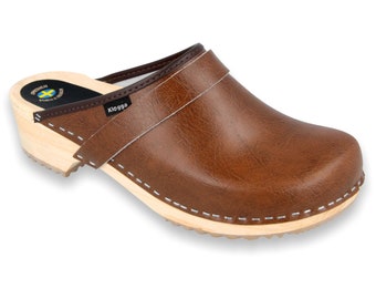 Sabots classiques en bois de qualité Klogga en cuir marron, chaussures de conception suédoise faites à la main pour hommes et femmes