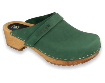 Green Nubuck Klogga Quality Wooden Clogs Handmade Swedish Design Shoes for Women