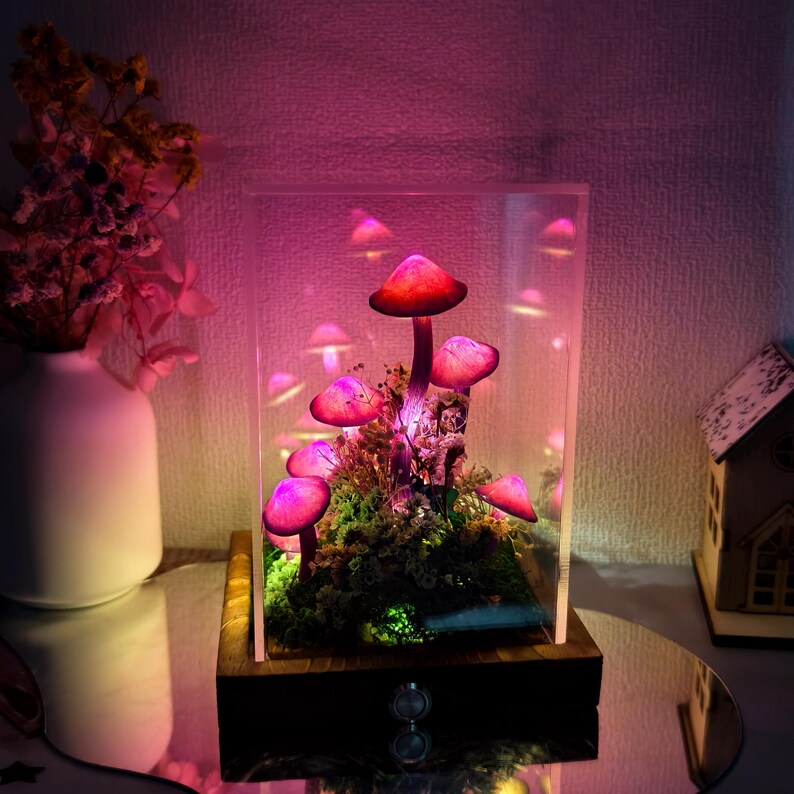 Dried Flower Decorated Mushroom Lamp, Purple Mushroom Lamp, Boho Home