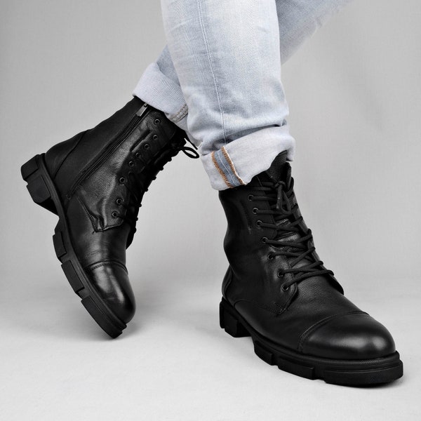 Handmade Mens Geniune Leather Military Combat Boots, Casual Boots, Mens Shoes, Chukka Boots, Military Style Boots