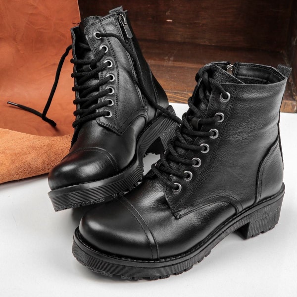 Bottes de combat en cuir véritable à fermeture éclair et à lacets faites main, cadeau de Saint-Valentin pour elle