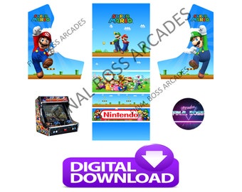 May include: A digital download of a Super Mario Bros. arcade cabinet skin featuring a blue background with a green and red Mario character, a group of Mario characters, and the Nintendo logo. The skin also includes a blue and white background with a green and red Mario character and the text "Super Mario".