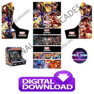 May include: A digital download for a Marvel vs Capcom arcade cabinet skin featuring characters from the game, including Spider-Man, Wolverine, Ryu, and Chun-Li. The skin is designed to fit a standard arcade cabinet and includes all the necessary graphics for the control panel, marquee, and side art.