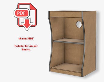May include: A brown wooden pedestal with two shelves and a round hole in the back. The pedestal is made of 18 mm MDF and is designed for an arcade bartop. The text "Pedestal for Arcade Bartop" is printed below the image.