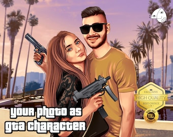GTA Portrait for Couple | GTA Style Cartoon | Couple Portrait | Grand Theft Auto Poster | Art For Gamer | Cartoon Portrait | Game Room Décor