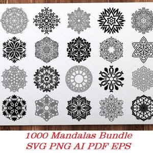 May include: A sheet of paper with 20 black and white mandala designs. The designs are intricate and detailed. The text at the bottom of the sheet reads "1000 Mandalas Bundle SVG PNG AI PDF EPS".