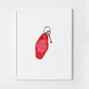 Raleigh North Carolina Key Art Print | Raleigh NC Travel Decor | Vintage Motel Key | City of Oaks | Souvenir Art | City-Inspired Wall Art