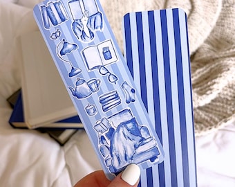 Blue Bookish Icons Bookmark | Reader Gift | Cozy Reading Art