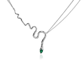 Silver Serpent Necklace with Green Gem