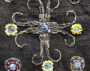 Tapiz de seda de Sumatra bordado con espejos sobre algodón tejido