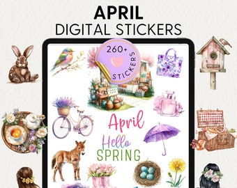 APRIL DIGITAL STICKERS, Spring, Goodnotes Stickerbook, Png Files, Planner Clipart, Functional Stickers, Watercolor, Journal, Monthly, 2024