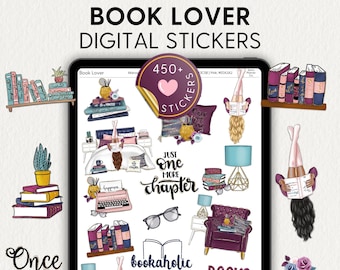 BOOK LOVER Digital STICKERS, Goodnotes Stickerbook, Pre-cropped png, Bookish, Reading, Bookaholic, Digital Planner Clipart, Bookworm, iPad